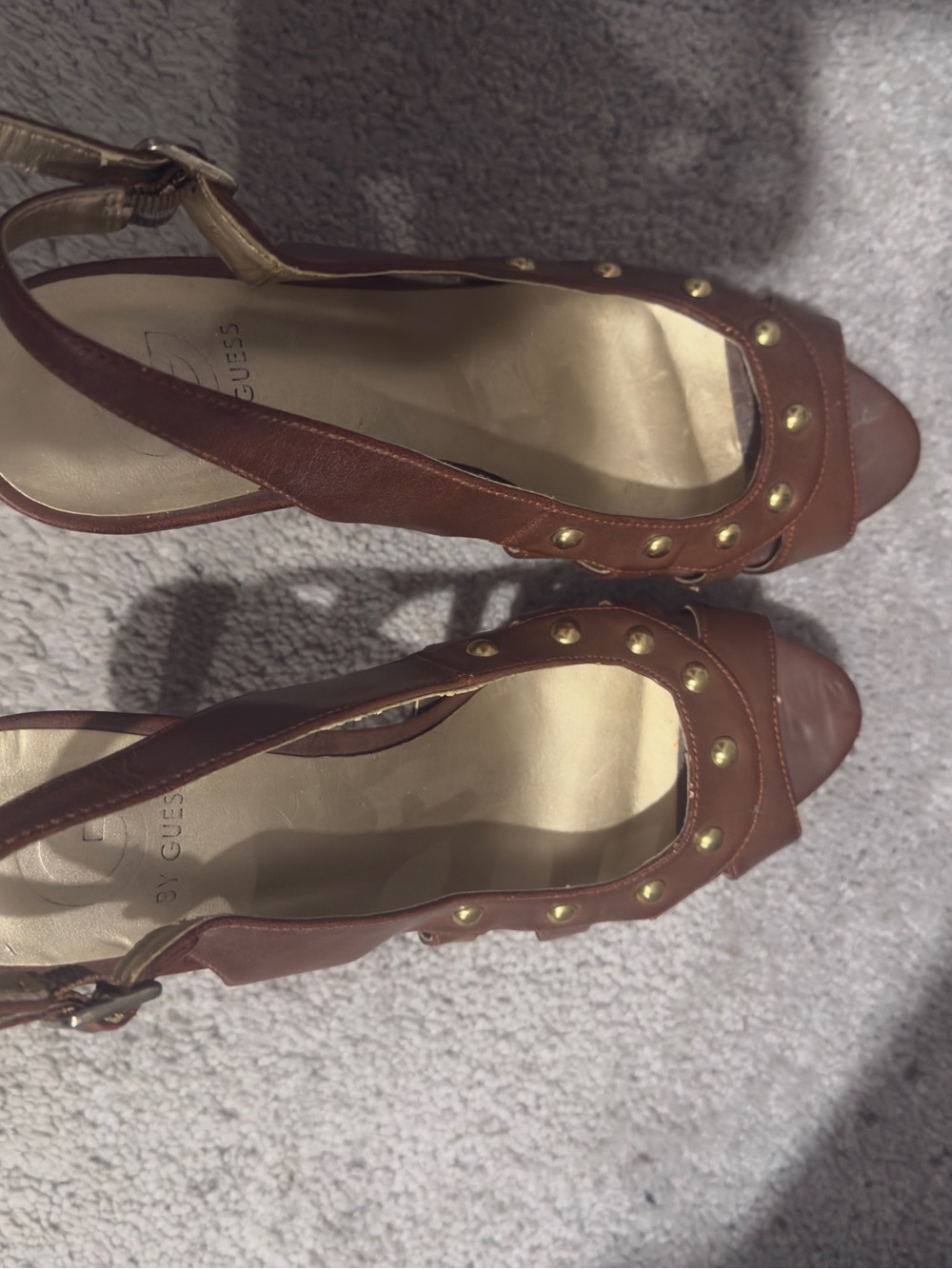 GUESS Brown Leather Peep-Toe Slingback Heels with Gold Studs